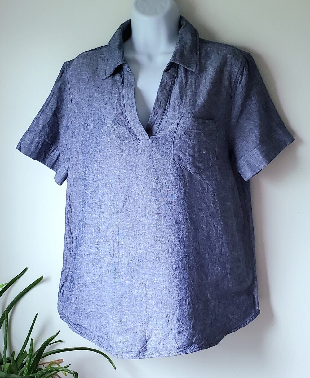 Jones New York Womens Blue Cotton Linen Pullover Top Size Medium Preppy Nautical